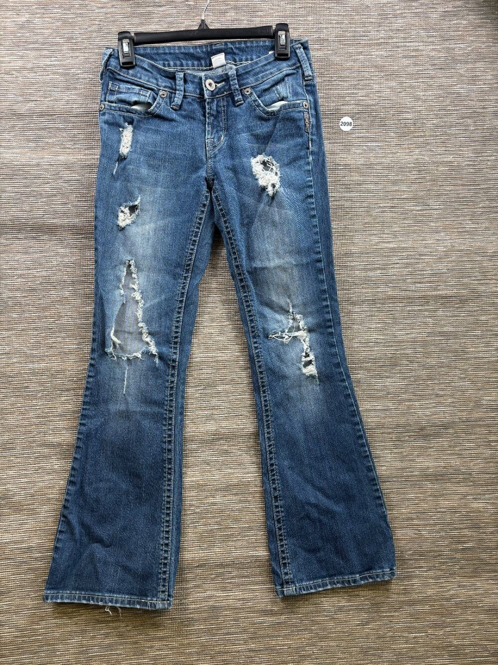 Silver Jeans Aiko Boot Jeans Womens Sz W27 L31 Blue Distressed Mid Ride Stretch